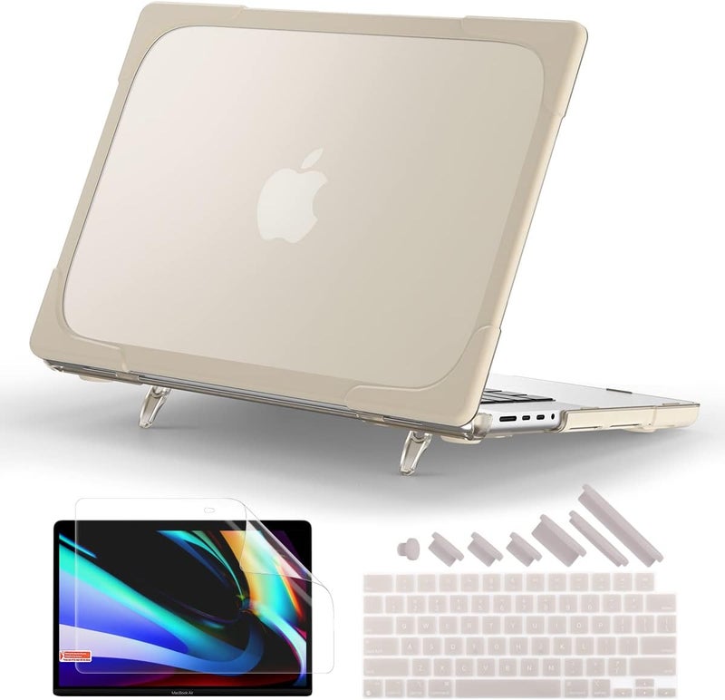 Batianda Heavy Duty Case for New MacBook Pro 14 Inch 2025 M5 M4 M3 M2 Pro/Max Chip- Ergonomic Foldable Kickstand (Holds 22lbs/Zero Wobble) Matte Translucent Rugged Armor Cover with Spare Parts, Khaki - Image 1